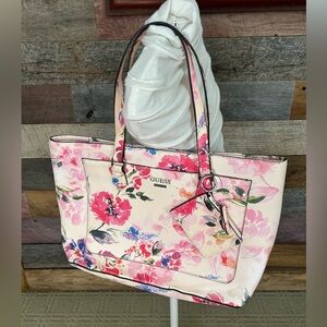 GUESS Floral Tote Bag w/ Matching Zip Pouch Pink Cream Shoulder Bag